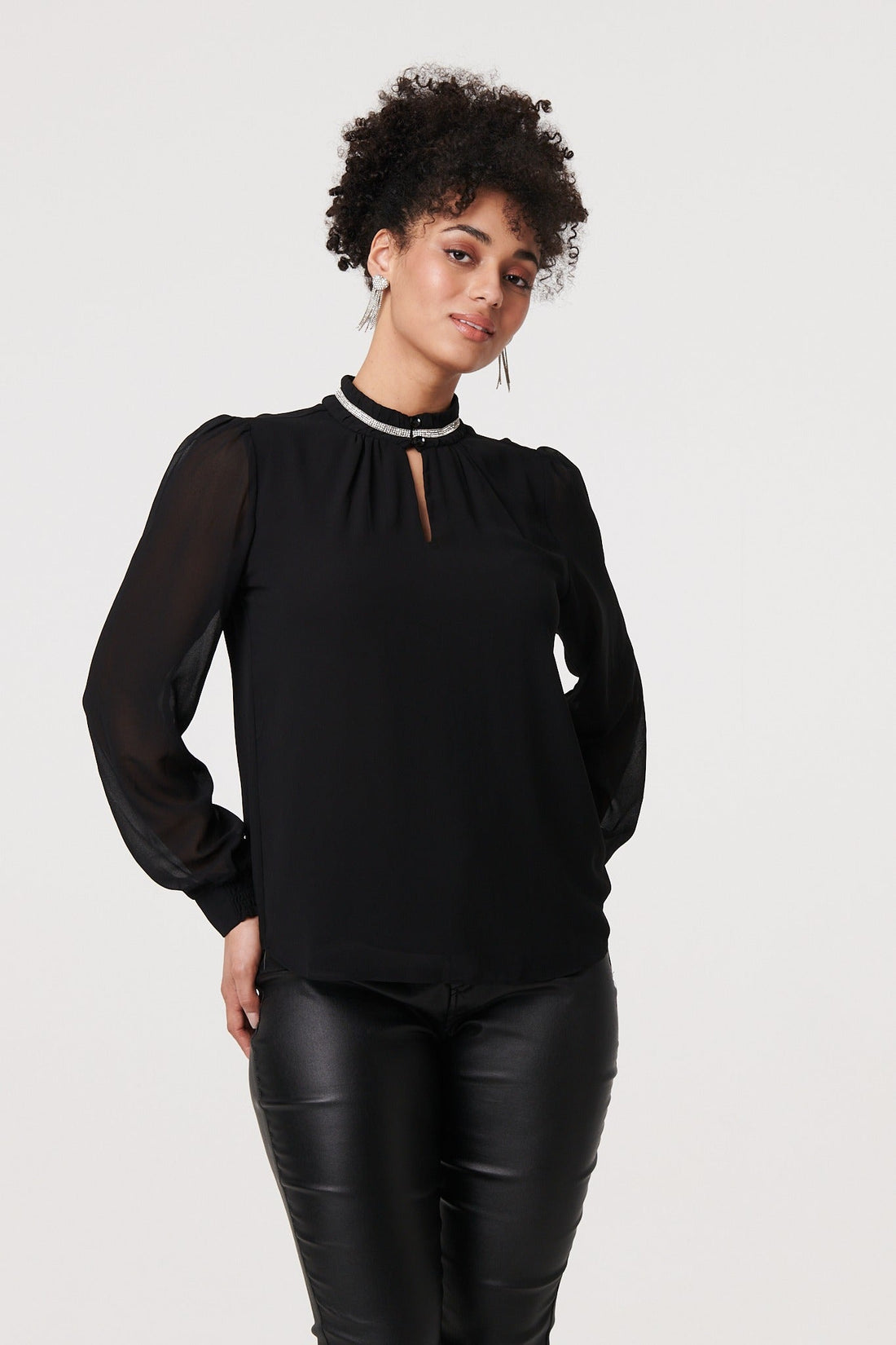 Sparkle Trim High Neck Semi Sheer Blouse