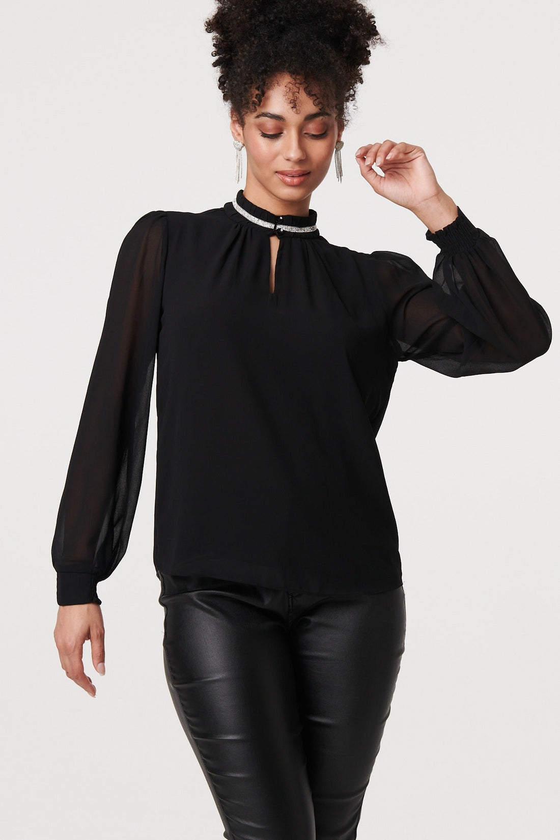 Sparkle Trim High Neck Semi Sheer Blouse