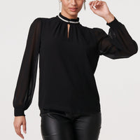 Sparkle Trim High Neck Semi Sheer Blouse