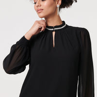 Sparkle Trim High Neck Semi Sheer Blouse