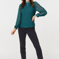 Sparkle Trim High Neck Semi Sheer Blouse