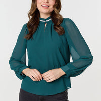 Sparkle Trim High Neck Semi Sheer Blouse