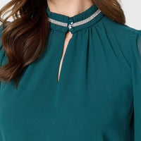 Sparkle Trim High Neck Semi Sheer Blouse