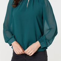 Sparkle Trim High Neck Semi Sheer Blouse
