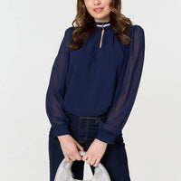 Sparkle Trim High Neck Semi Sheer Blouse