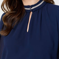 Sparkle Trim High Neck Semi Sheer Blouse