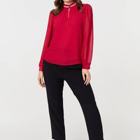 Sparkle Trim High Neck Semi Sheer Blouse