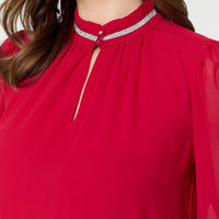 Sparkle Trim High Neck Semi Sheer Blouse