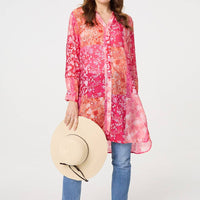 Patchwork Print Semi Sheer Longline Shirt
