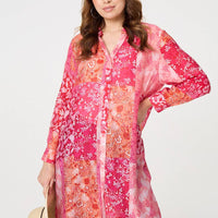 Patchwork Print Semi Sheer Longline Shirt