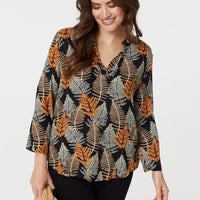 Leaf Print Turn-Up Sleeve Blouse
