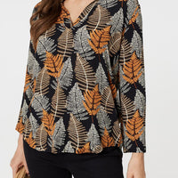 Leaf Print Turn-Up Sleeve Blouse