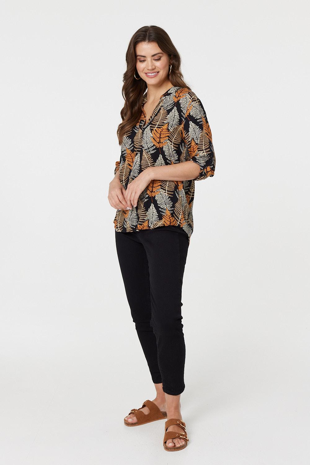 Leaf Print Turn-Up Sleeve Blouse