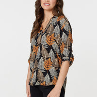 Leaf Print Turn-Up Sleeve Blouse