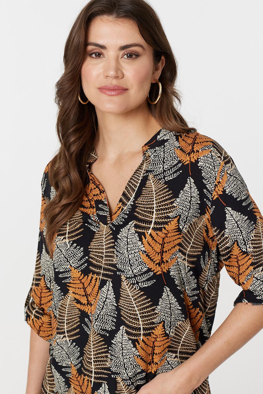 Leaf Print Turn-Up Sleeve Blouse