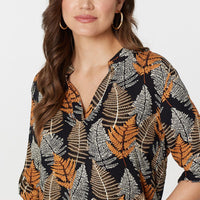 Leaf Print Turn-Up Sleeve Blouse