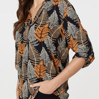 Leaf Print Turn-Up Sleeve Blouse