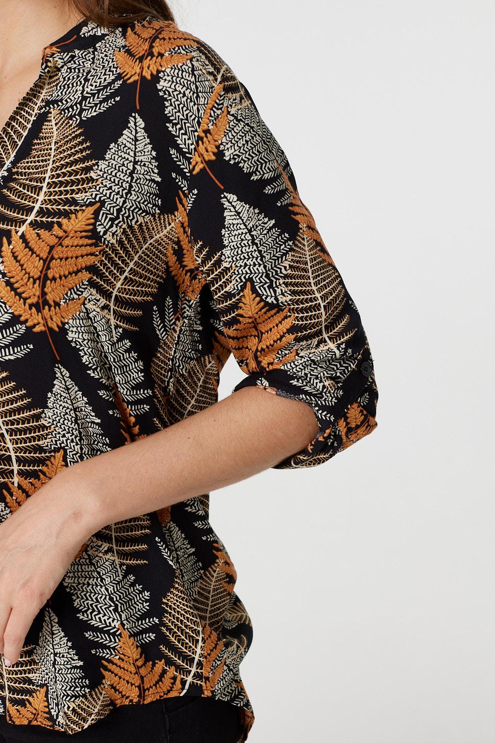 Leaf Print Turn-Up Sleeve Blouse
