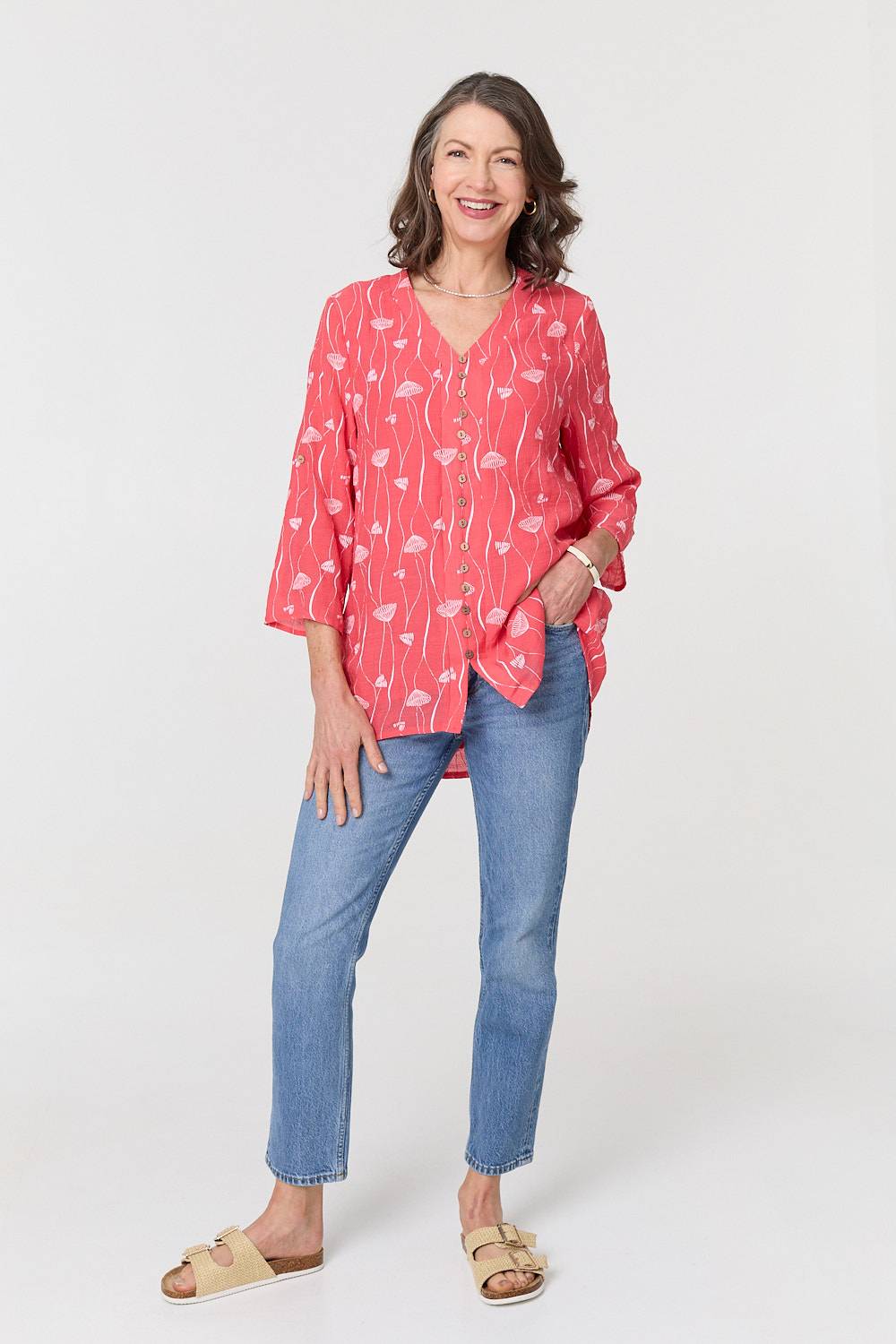 Printed Curve Hem V-Neck Tunic Blouse