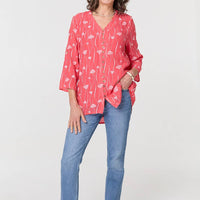 Printed Curve Hem V-Neck Tunic Blouse