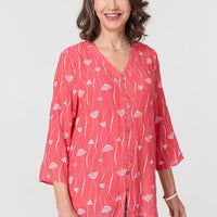 Printed Curve Hem V-Neck Tunic Blouse