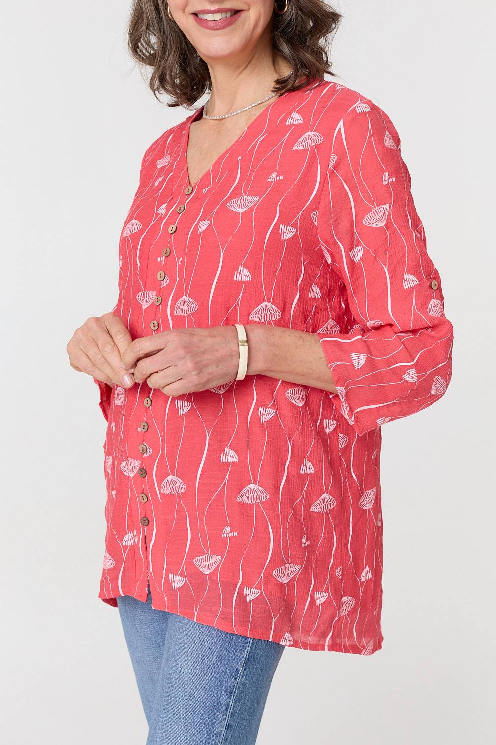 Printed Curve Hem V-Neck Tunic Blouse