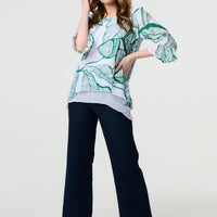 Leaf Print 3/4 Sleeve Layered Tunic Top