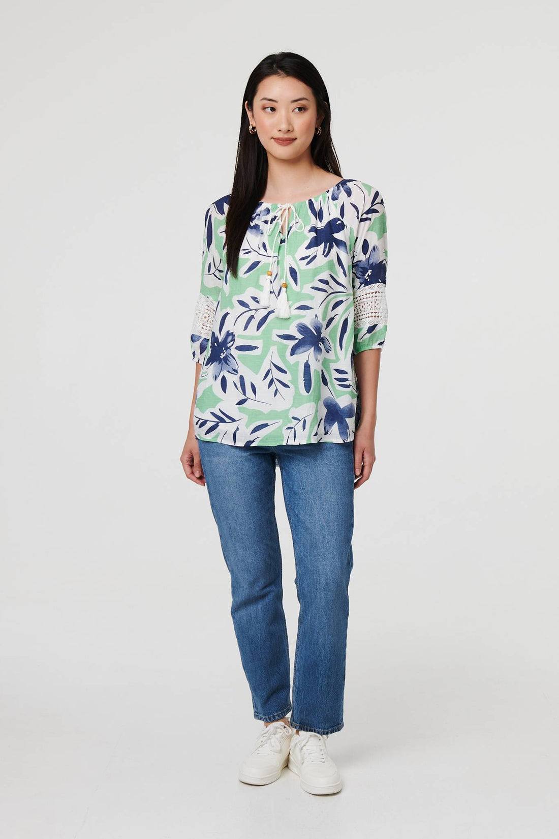 Leaf Print Lace Trim Bardot Blouse