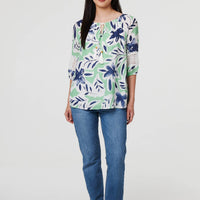 Leaf Print Lace Trim Bardot Blouse