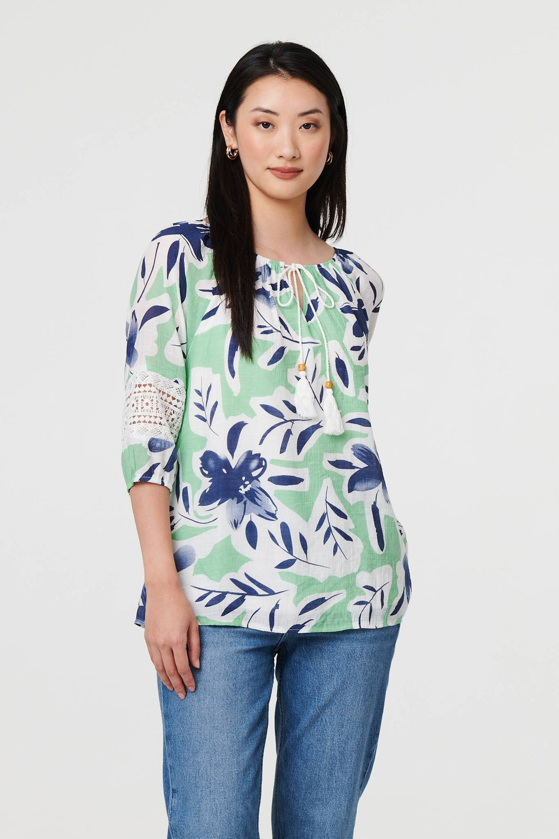 Leaf Print Lace Trim Bardot Blouse