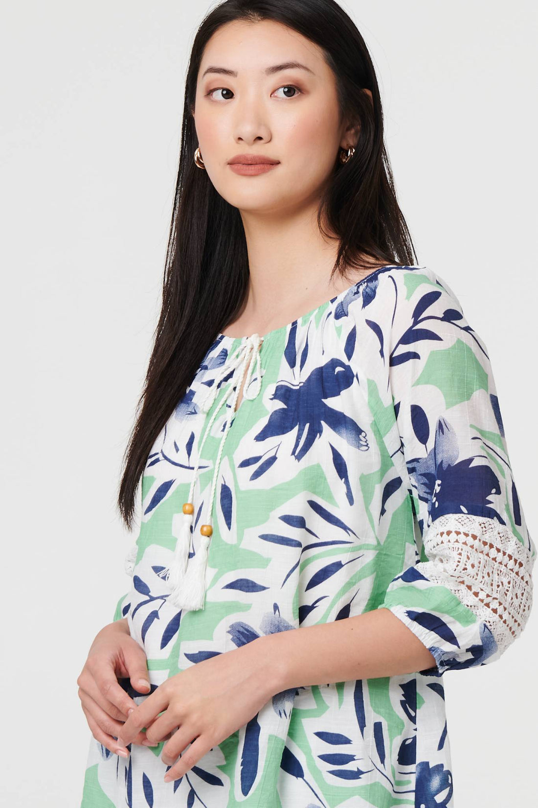 Leaf Print Lace Trim Bardot Blouse