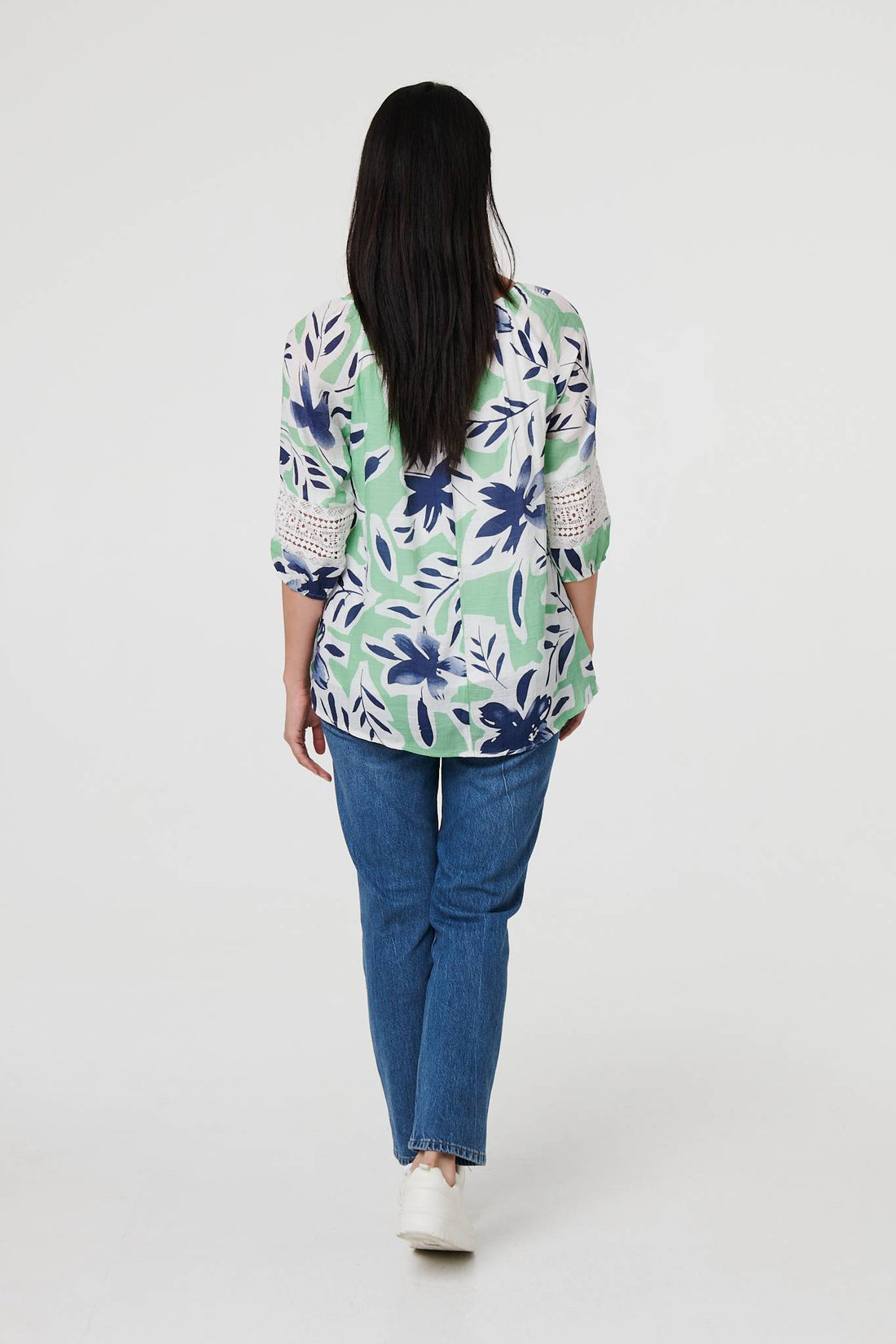 Leaf Print Lace Trim Bardot Blouse
