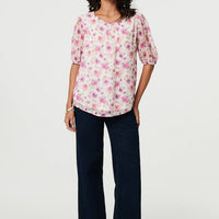 Floral 1/2 Sleeve Semi Sheer Blouse