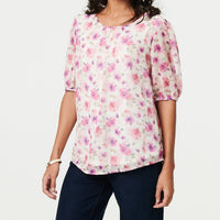 Floral 1/2 Sleeve Semi Sheer Blouse