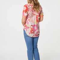 Floral Short Sleeve Stud Trim Blouse
