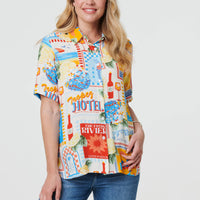 Printed Short Sleeve Curve Hem Shirt