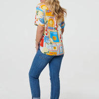 Printed Short Sleeve Curve Hem Shirt