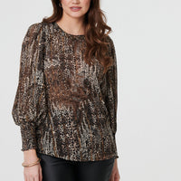 Animal Print Sheer Mesh Blouse