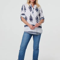 Ikat Print V-Neck 3/4 Sleeve Blouse