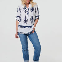 Ikat Print V-Neck 3/4 Sleeve Blouse