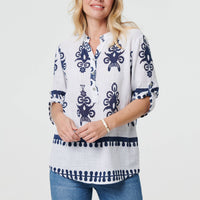 Ikat Print V-Neck 3/4 Sleeve Blouse