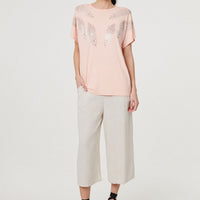 Sparkly Feather Print Relaxed T-Shirt