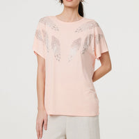 Sparkly Feather Print Relaxed T-Shirt