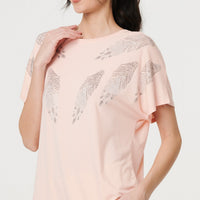 Sparkly Feather Print Relaxed T-Shirt