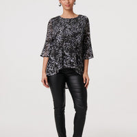 Animal Print Sheer Pleated Blouse