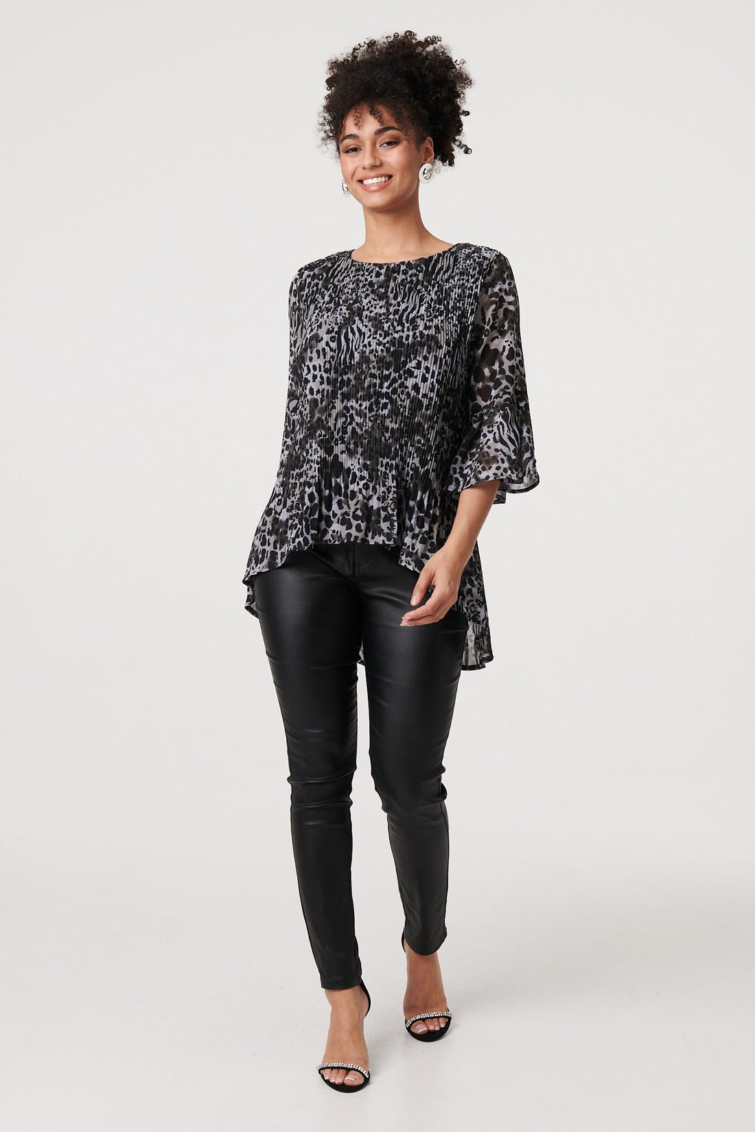 Animal Print Sheer Pleated Blouse