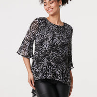 Animal Print Sheer Pleated Blouse