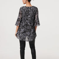 Animal Print Sheer Pleated Blouse