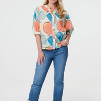 Printed 3/4 Sleeve Button-Back Blouse