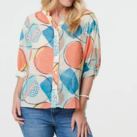 Printed 3/4 Sleeve Button-Back Blouse
